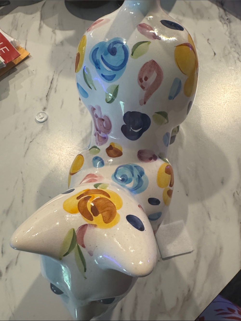 Hand-Painted Floral Ceramic Cat Figurine in White vintage